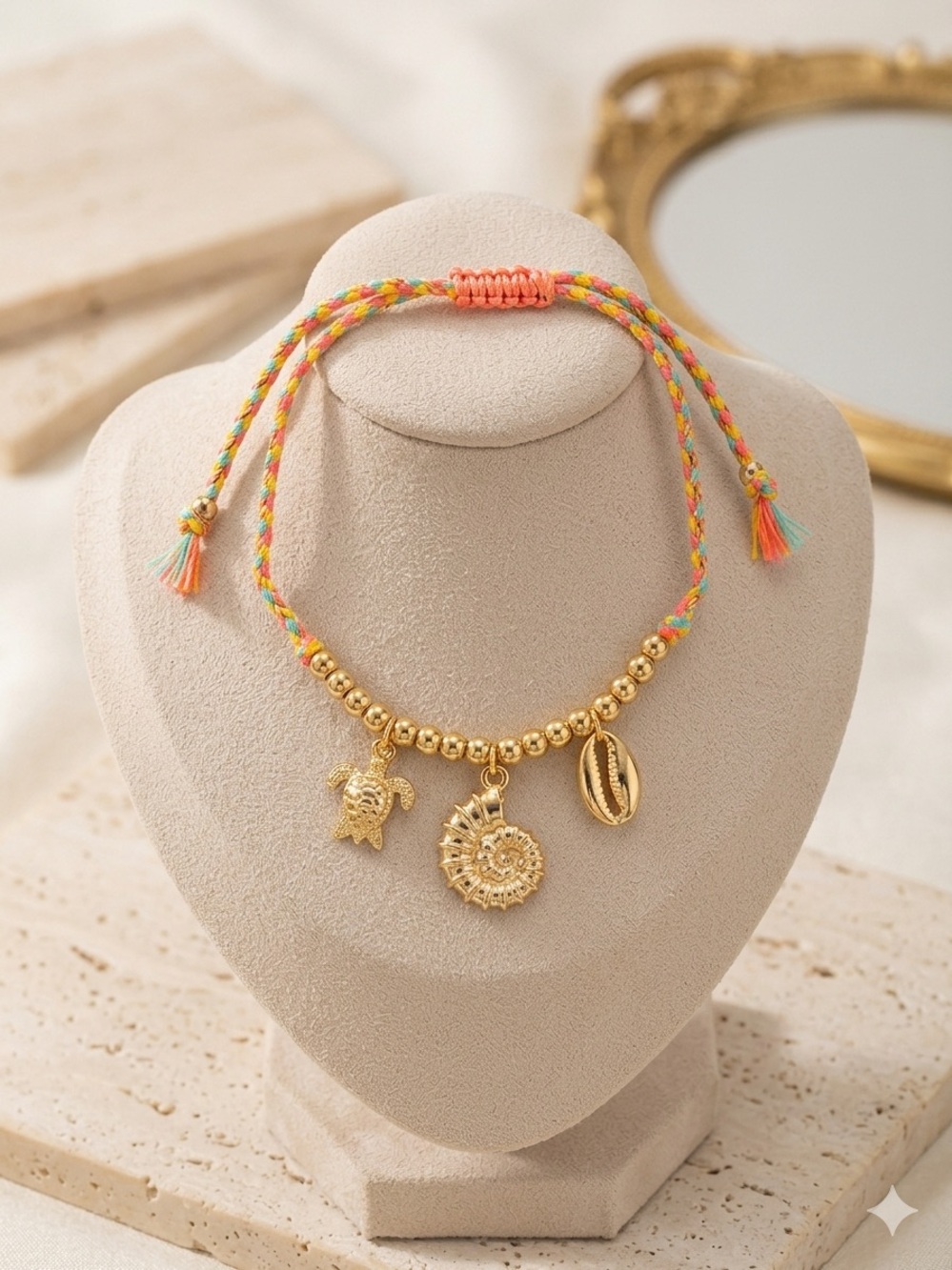 Sea Life Gold Charm Braided Bracelet with Multicolor Cord